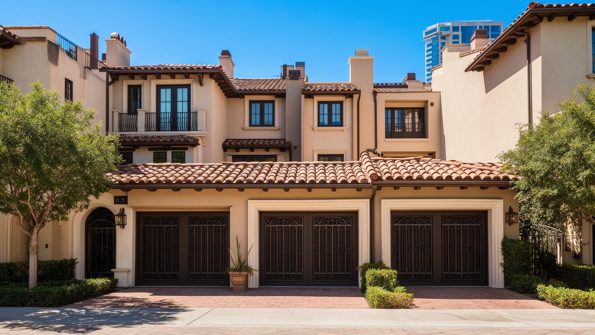 Beautiful Spanish colonial style garage doors with decorative iron grilles